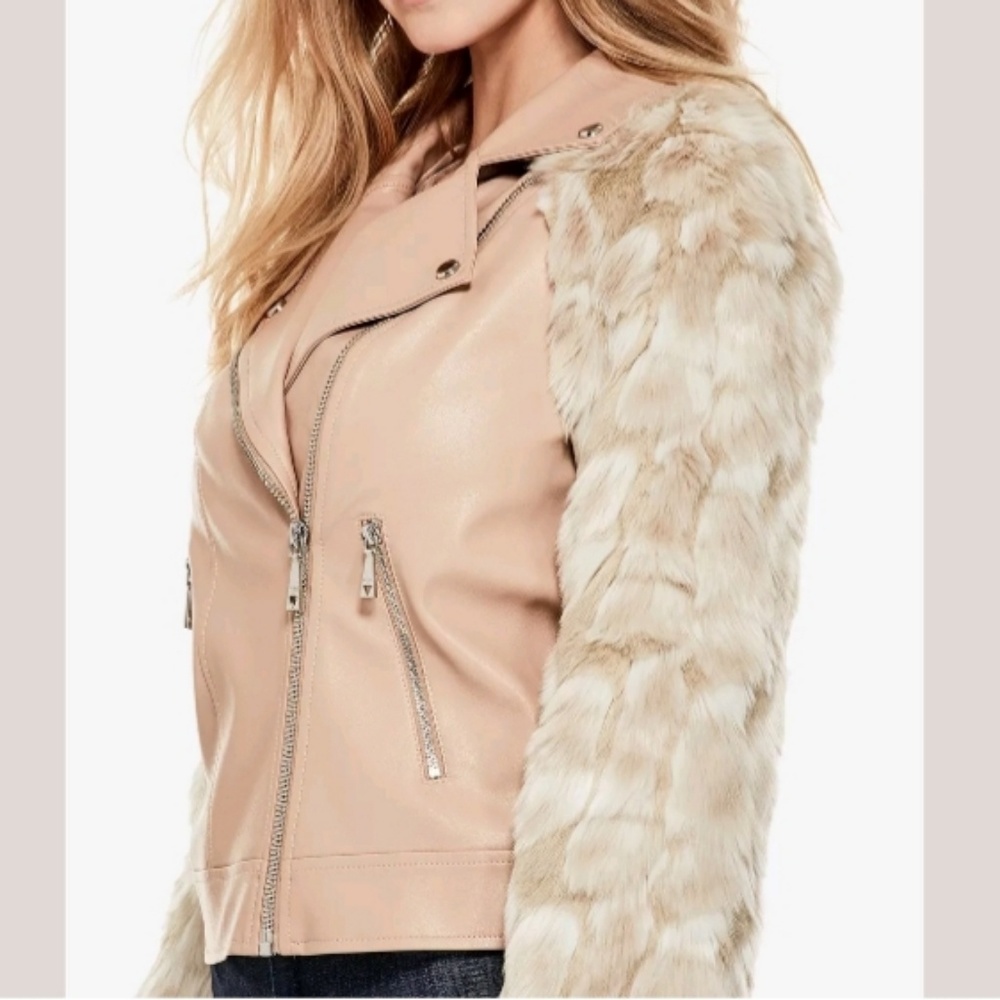 GUESS MARCO FAUX LEATHER & FUR MOTO JACKET SZ S - Picture 4 of 6